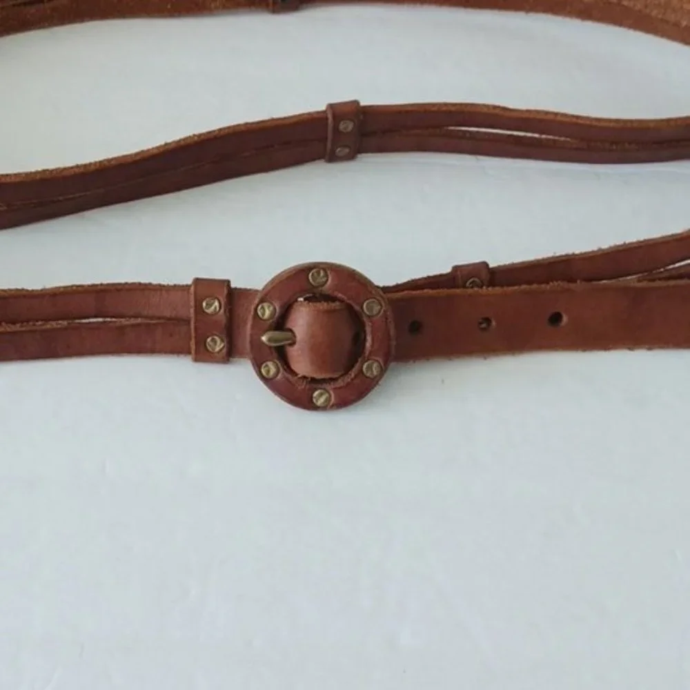 Vtg Unique Genuine Leather Double Hips Studded Belt Brown SZ. M-L